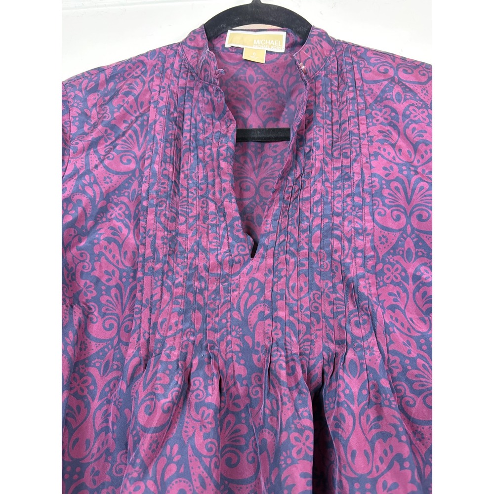 Michael Kors Pure Silk Pintuck Blouse Purple Navy Damask Paisley Top Size 6 - Picture 4 of 10